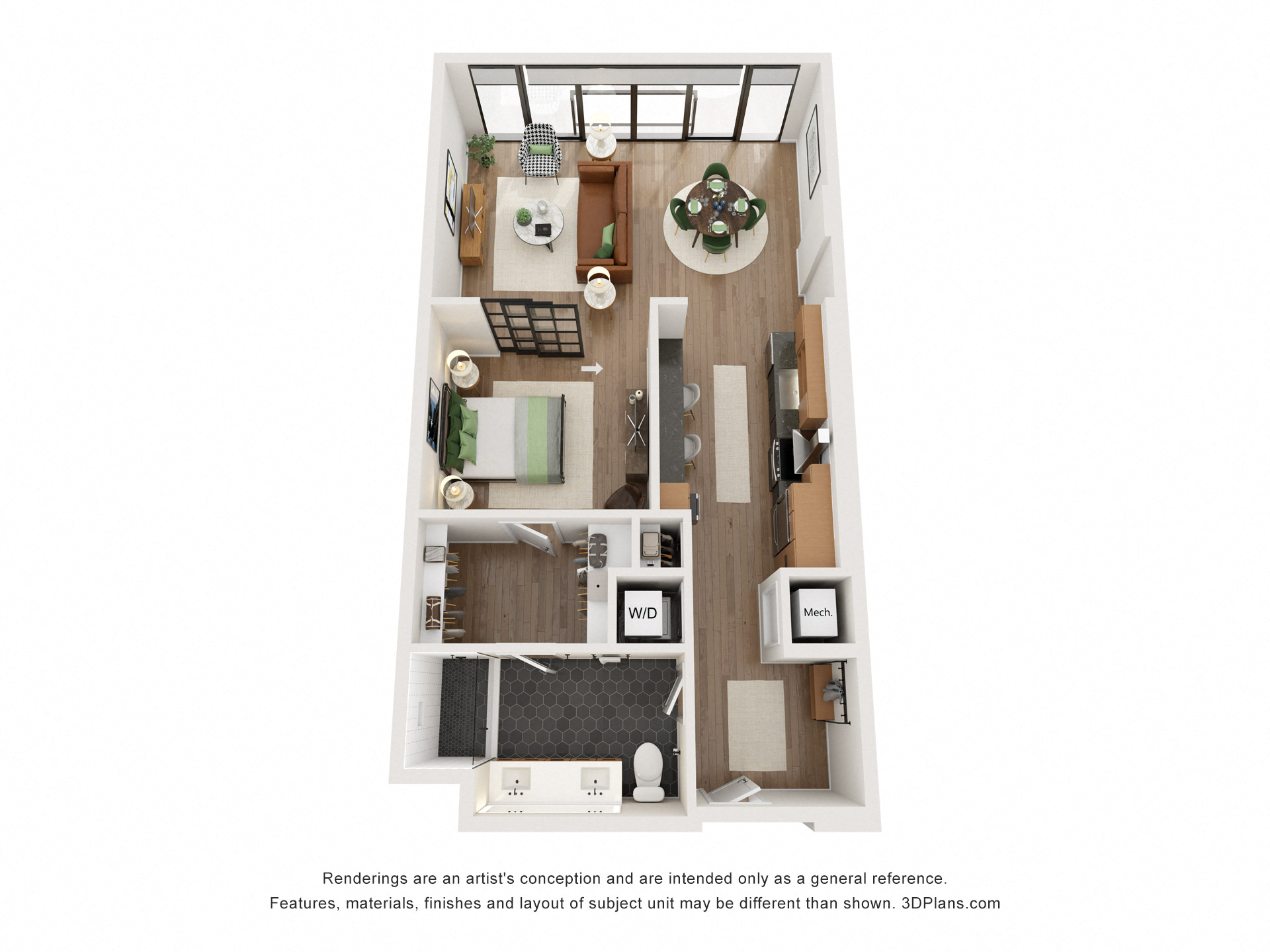 Floor plan for 1 bed, 1 bath, 852 sqft